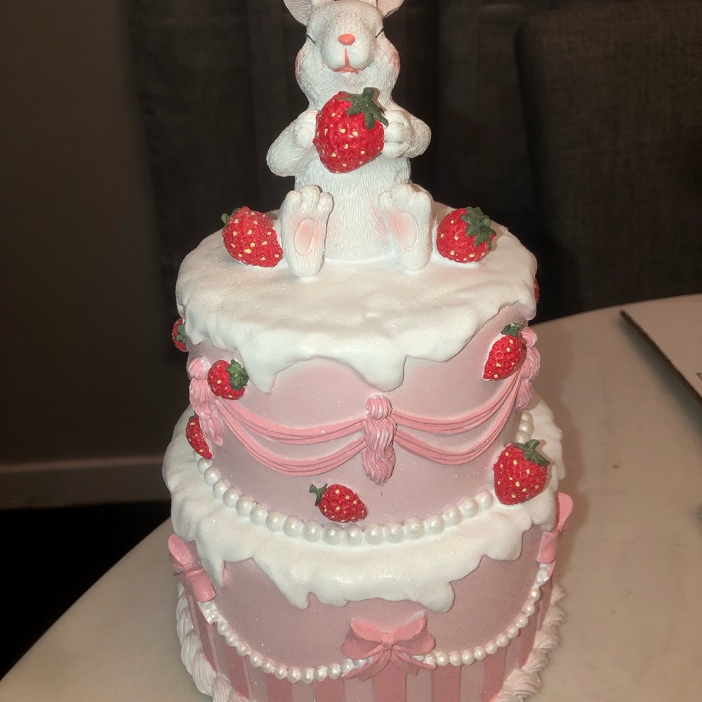 🍓 Pink and White Bunny Faux Cake w/ Strawberry Decor